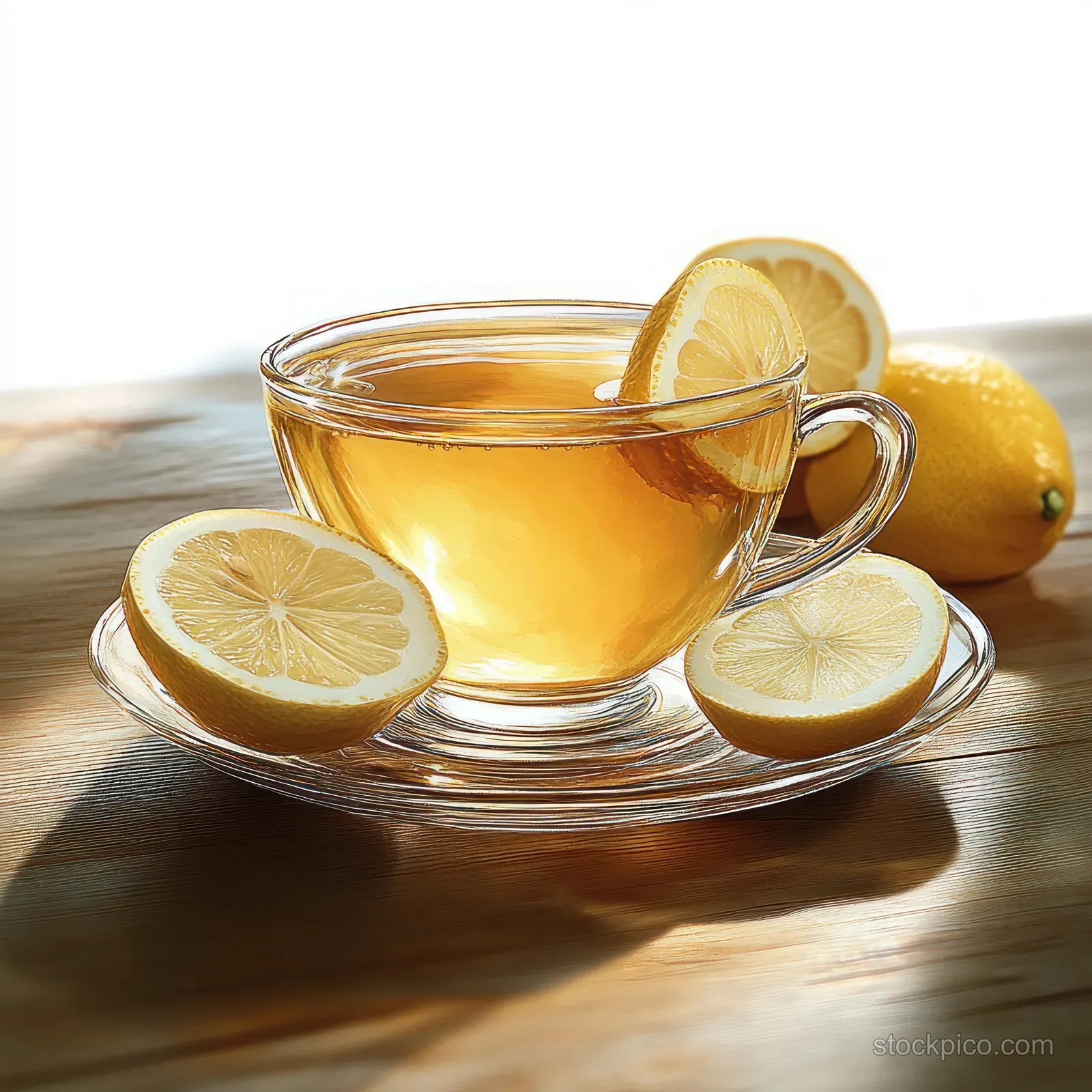 Amber tea in a clear glass cup with a lemon slice, with halved lemons on a wooden table under soft light.
