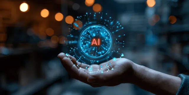 A businessman holds a glowing blue AI hologram over a blurred city background with circuit interface effects.