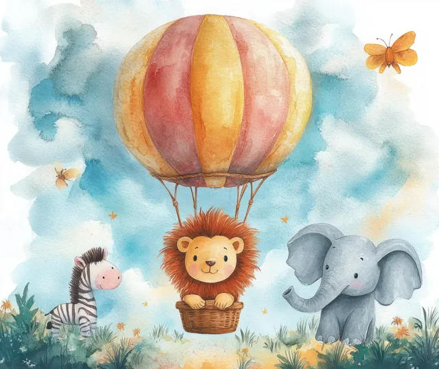 Watercolor lion in a hot air balloon above a whimsical safari of zebra and elephants
