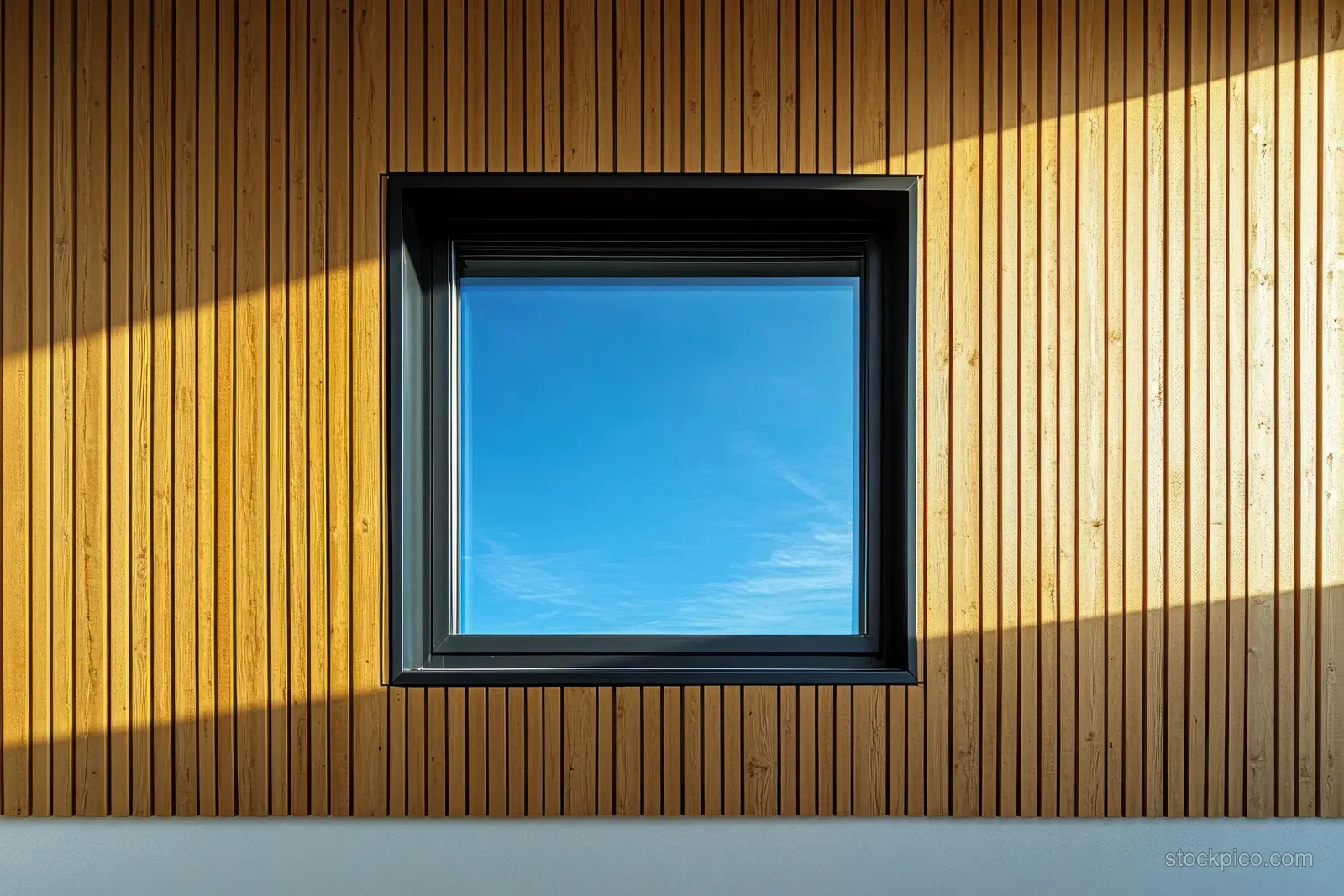 Square black-framed window set in vertical wood panels, showing a clear blue sky under warm sunlight.
