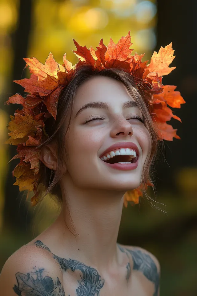 Joyful young woman wearing a vibrant autumn leaf crown outdoors, eyes closed smiling