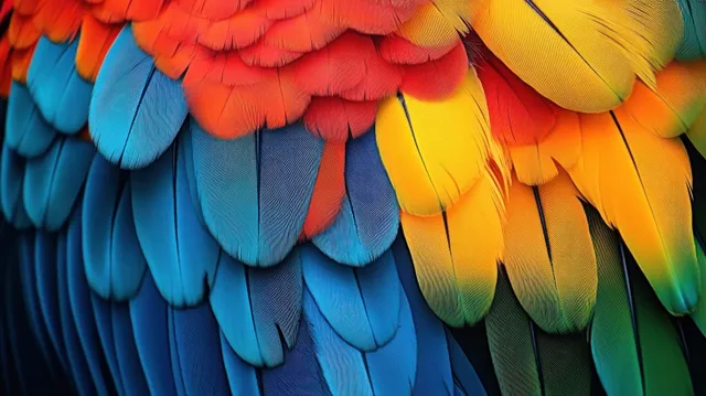 Close-up of overlapping parrot feathers showing red, orange, yellow, blue, and green color bands with detailed texture.