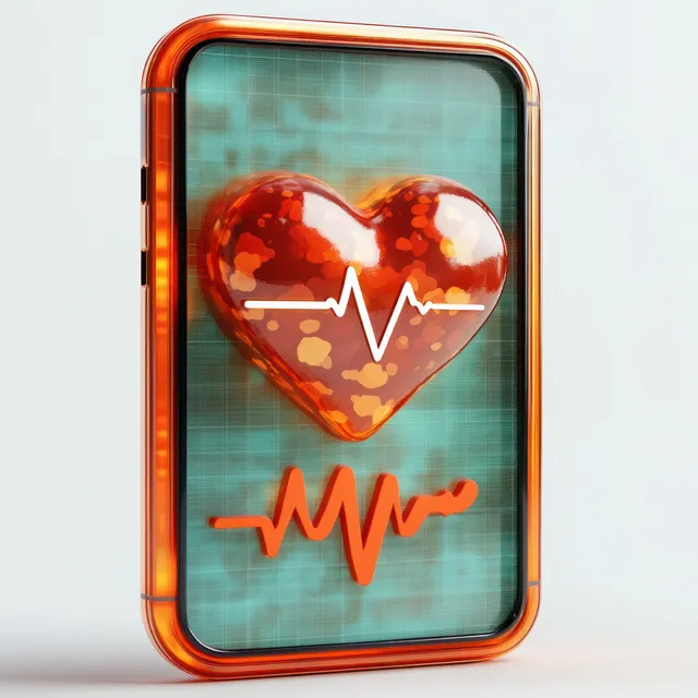 A shiny red heart with an ECG waveform displayed on a rectangular digital screen with glowing orange edges.