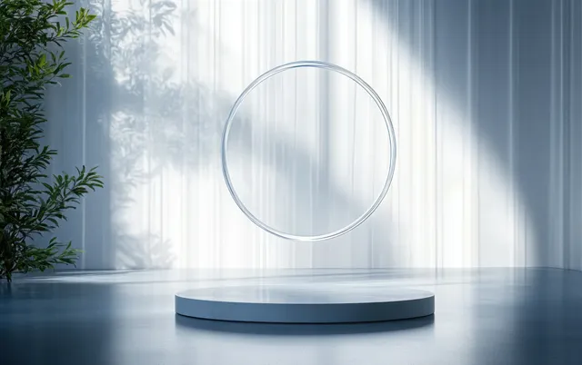 Minimalist glass ring on pedestal with soft light beams in abstract interior