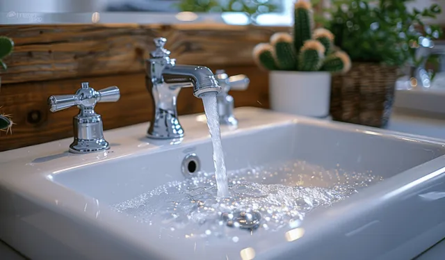 Running water pours from a kitchen faucet into a white sink with potted cacti on the counter in daylight.