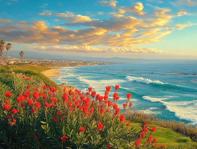 Red wildflowers in the foreground overlook a calm ocean with gentle waves and a partly cloudy sunset sky.