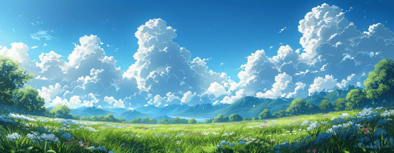 Anime meadow with bright green grass under a blue sky filled with fluffy white clouds.