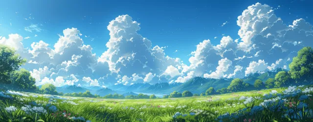 Anime-style meadow landscape with blue sky, fluffy clouds, and sunlit green grass