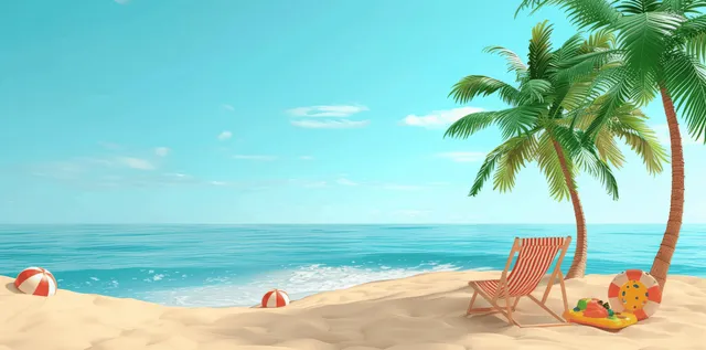 3D summer beach scene with palm trees, deck chair, toys, and umbrella