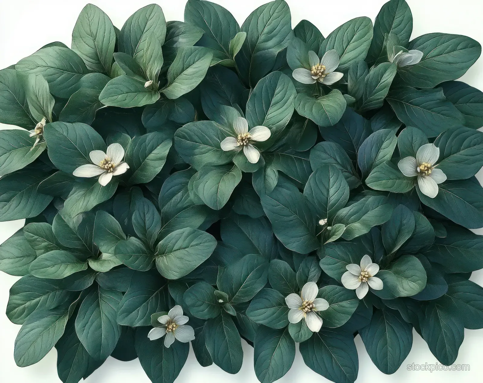 Dense cluster of broad green leaves with small white flowers scattered among them in close-up.