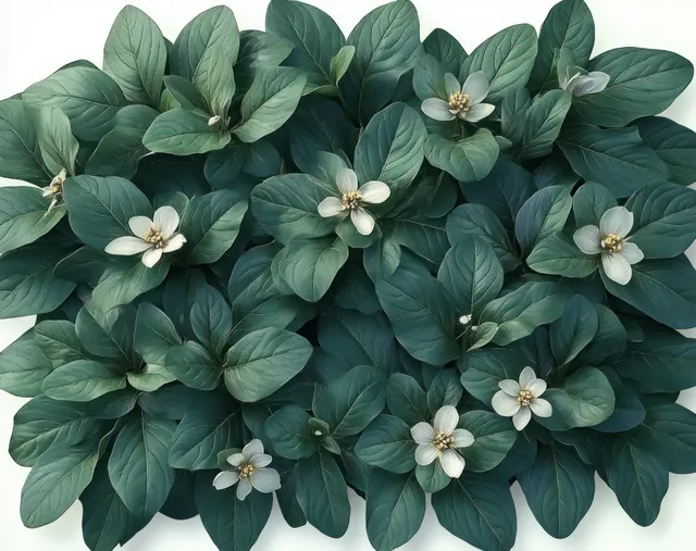 Dense cluster of broad green leaves with small white flowers scattered among them in close-up.