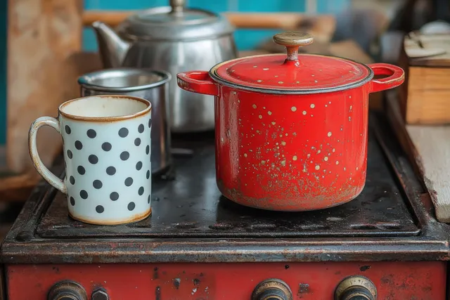 Red enamel pot with lid sits on a worn stovetop next to a polka dot mug and silver teapot.