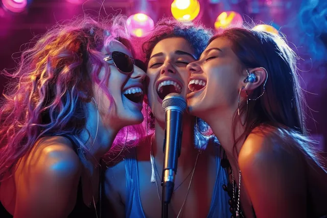 Diverse friends laughing and singing karaoke into a glowing microphone in a nightclub