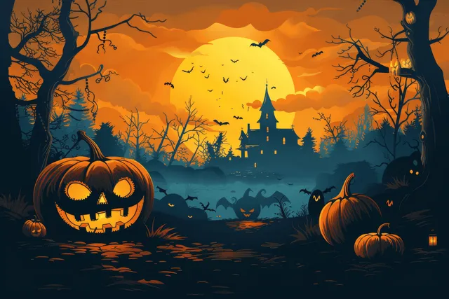 Glowing jack-o-lanterns sit in a haunted forest as bats fly around a full moon and a silhouetted house.