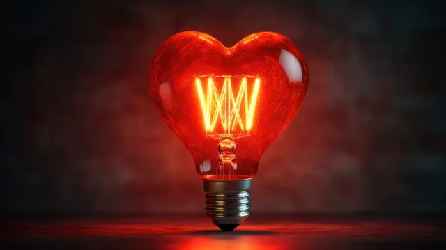 A heart-shaped red light bulb glows with an illuminated filament against a dark smoky background.