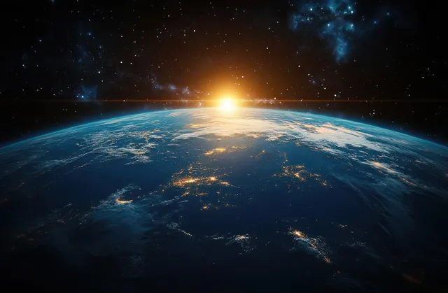 Earth curves across space as a distant star illuminates glowing clouds and blue oceans at sunrise.