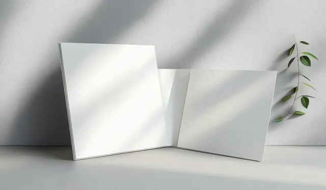 Mockup de pasta branca aberta com duas páginas em branco sobre um fundo cinza suave, com sombras e iluminação mínimas.