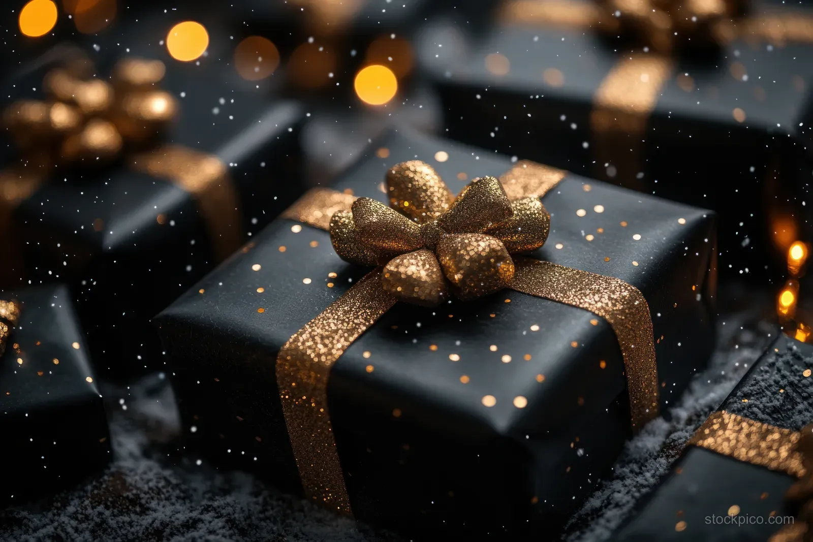 A black gift box with a golden bow sits on a dark table while golden confetti sparkles around it.