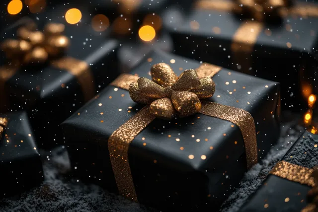 Black gift box with golden bow and glitter confetti on a dark festive table