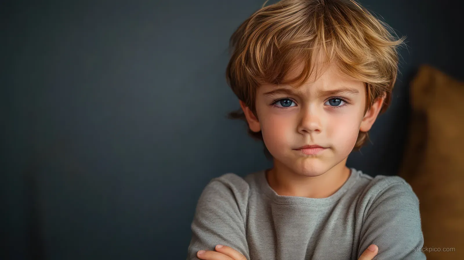 Young boy with crossed arms and an upset expression faces the camera in dim studio lighting.