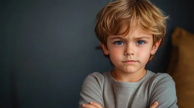 Young boy with crossed arms and an upset expression faces the camera in dim studio lighting.