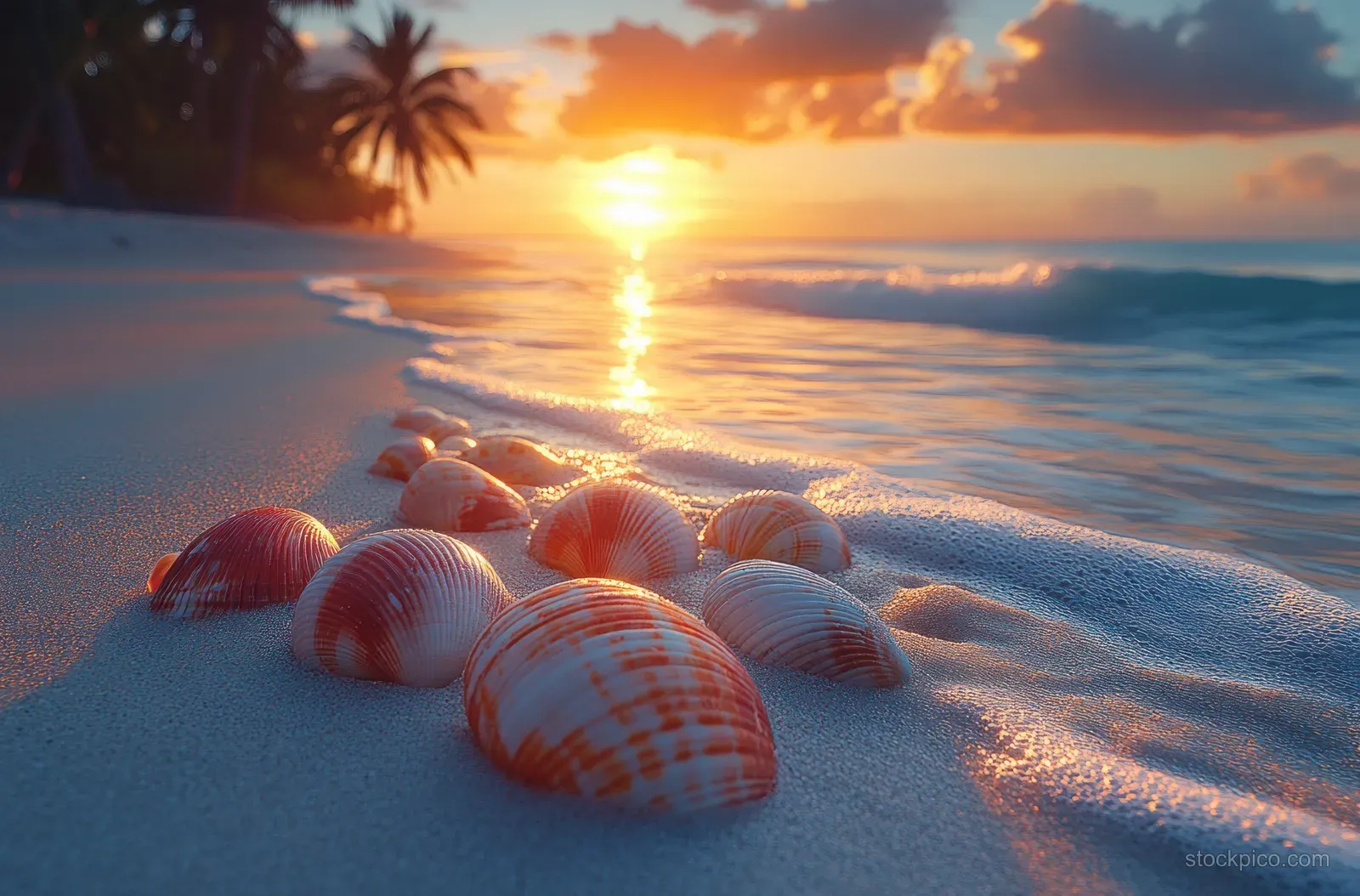 Seashells lie on tropical beach sand while a sunset glows over calm ocean waves with palm silhouettes.