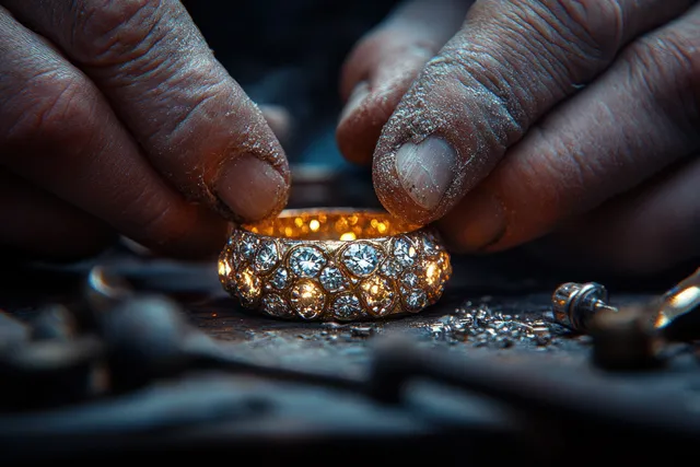 A jeweler’s hands set diamond stones into a gold ring surrounded by workshop tools.