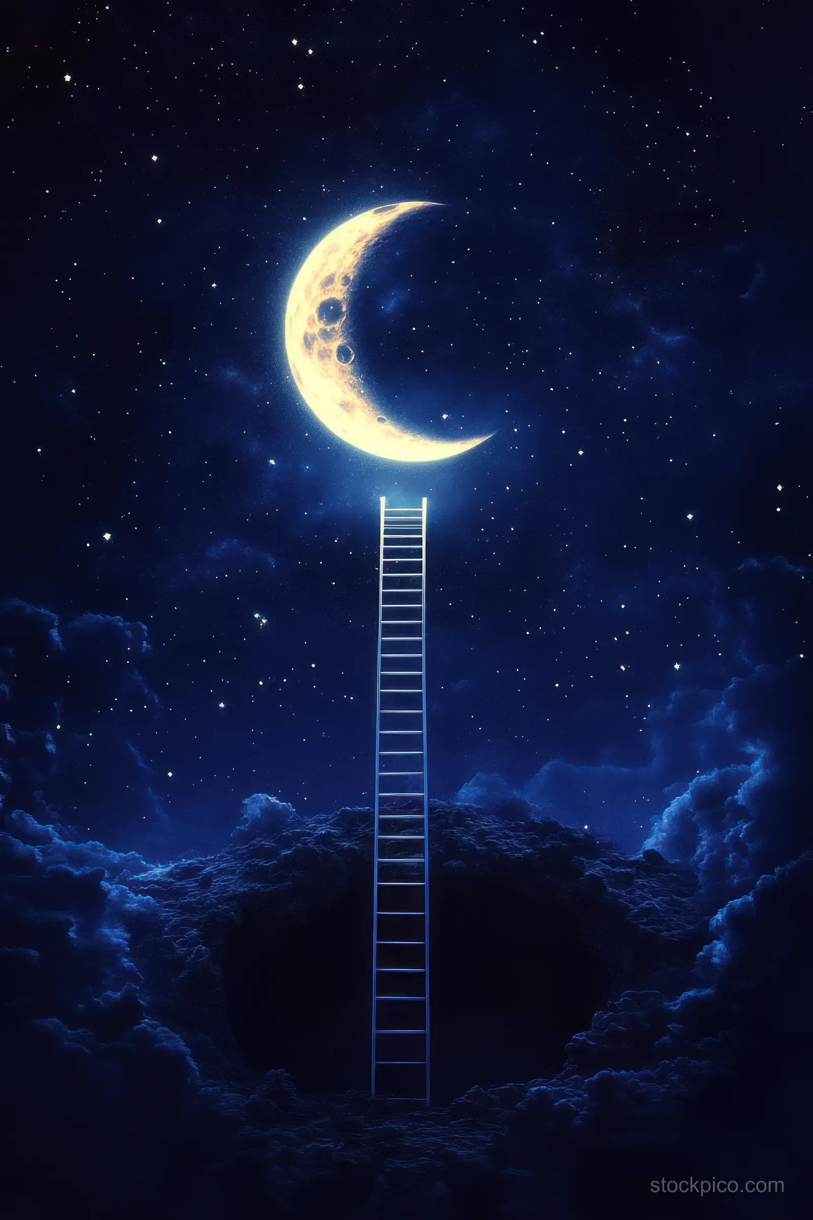 A ladder climbs into clouds under a glowing crescent moon with twinkling stars in a dark indigo sky.
