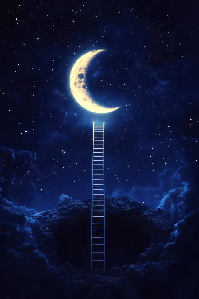 A ladder climbs into clouds under a glowing crescent moon with twinkling stars in a dark indigo sky.