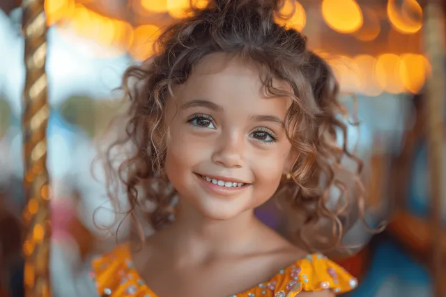 A smiling curly-haired girl stands before glowing orange bokeh lights.