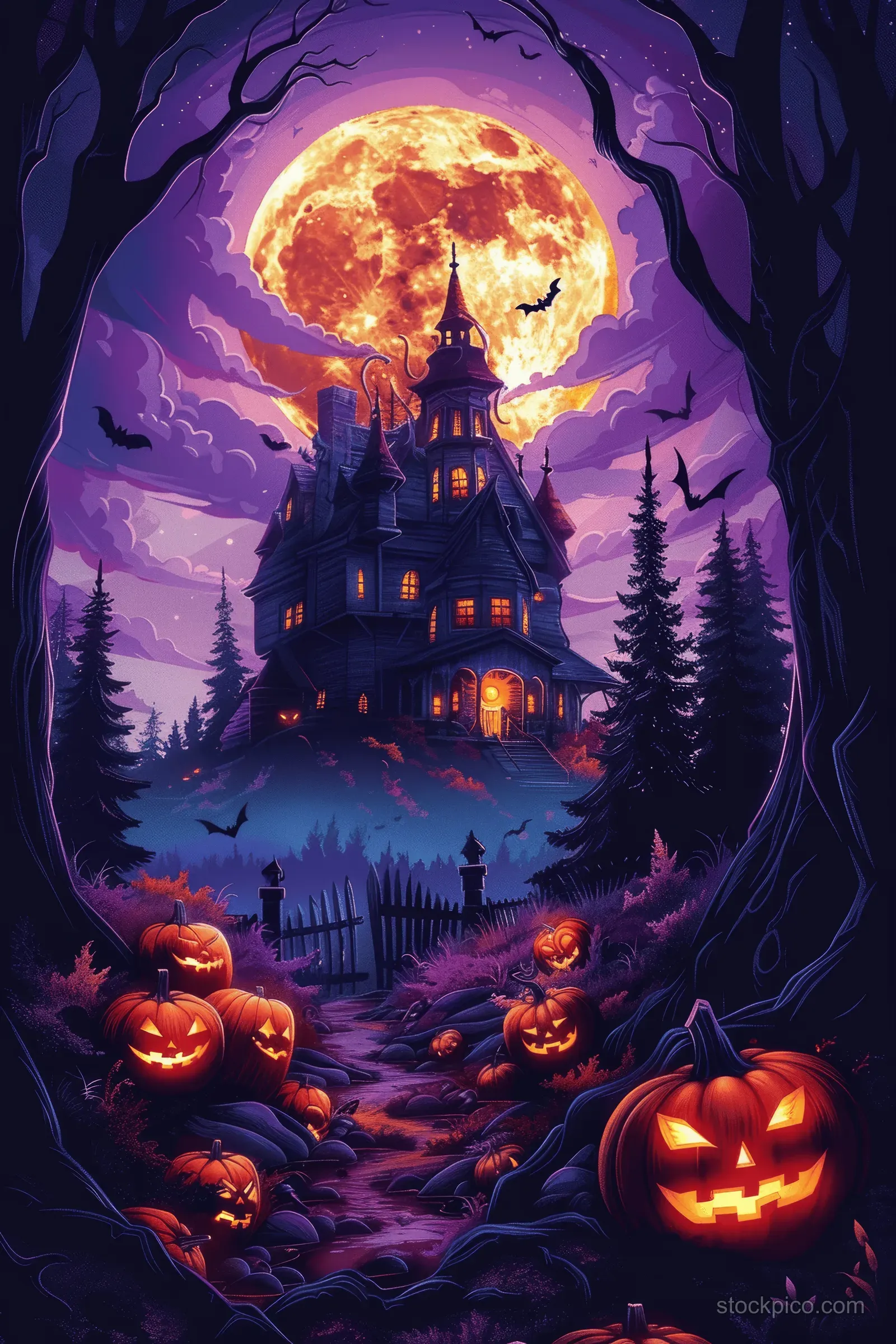 A glowing haunted house sits behind jack-o’-lantern pumpkins under a bright full moon and dark trees.