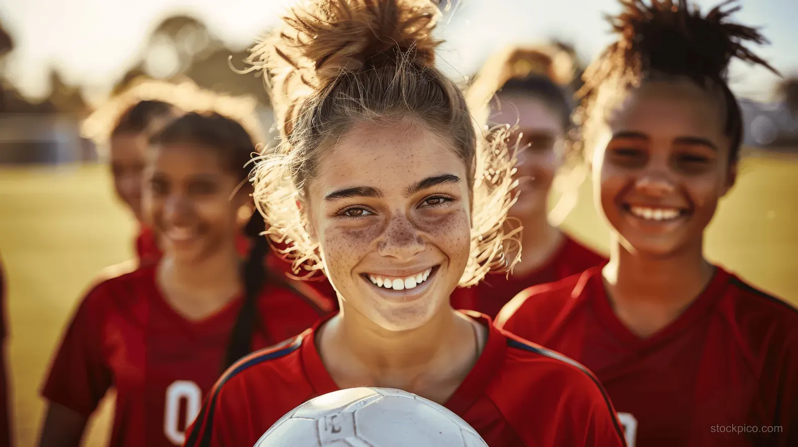 Young female soccer player smiles in red uniform with teammates behind her on a sunny outdoor field.