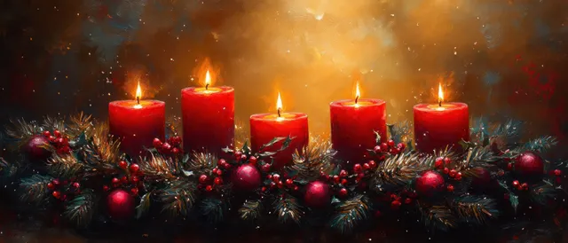 Five red Christmas candles glowing on evergreen wreath with soft bokeh lights