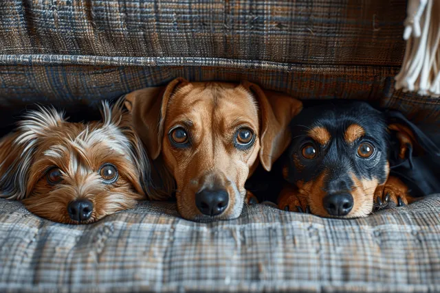Three scared puppies, including a dachshund and Yorkshire terrier mix, hide under a sofa during a thunderstorm or fireworks.