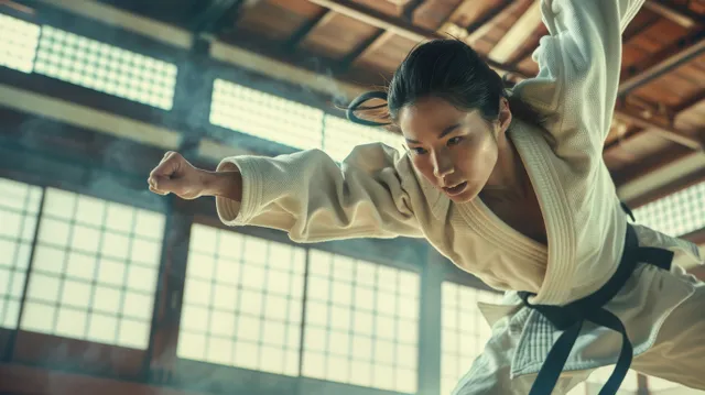 Female judoka executes a throw in a Japanese dojo with dramatic motion blur and grip