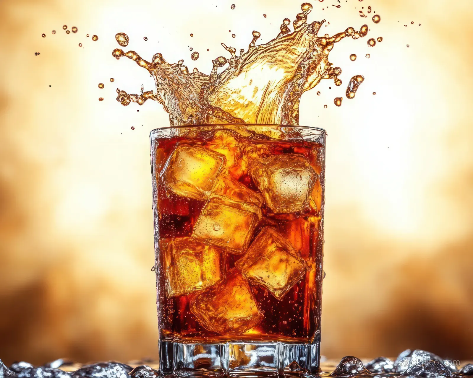 Dark soda splashes upward in a clear glass filled with ice cubes against warm golden background lighting.