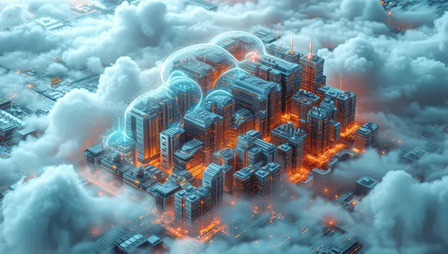 Isometric cloud data center with glowing server clusters and encrypted network connections inside billowing clouds.