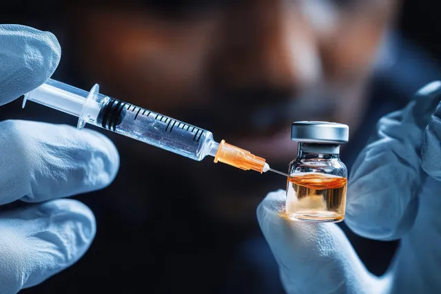 Gloved hands prepare a vaccine syringe next to a small vial in a clinical setting.