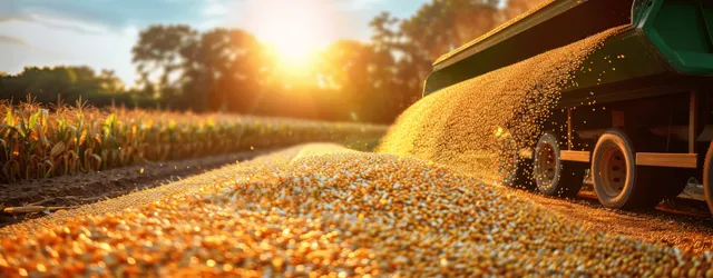 Corn kernels pour from a harvester chute into a farm truck trailer under golden sunlight.