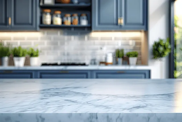 Marble countertop in a kitchen with blue cabinets, white subway tile backsplash, and small potted plants.