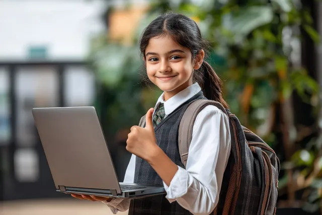 Smiling schoolgirl in uniform using a laptop outdoors with her backpack visible and plants blurred behind.