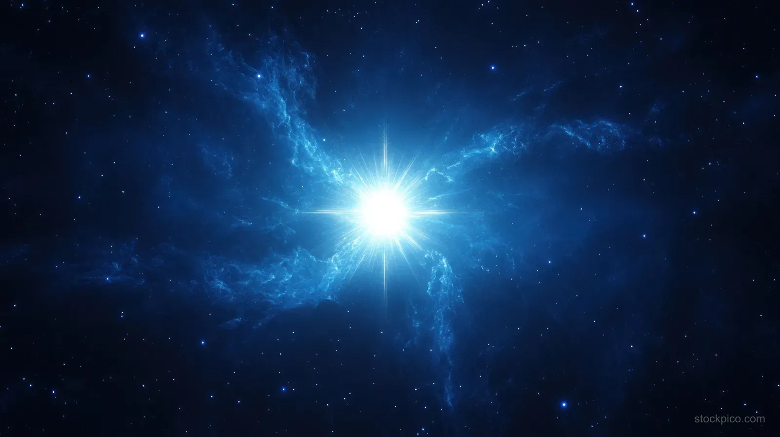 A bright white star glows inside a deep blue nebula with smaller surrounding stars and speckled cosmic dust.