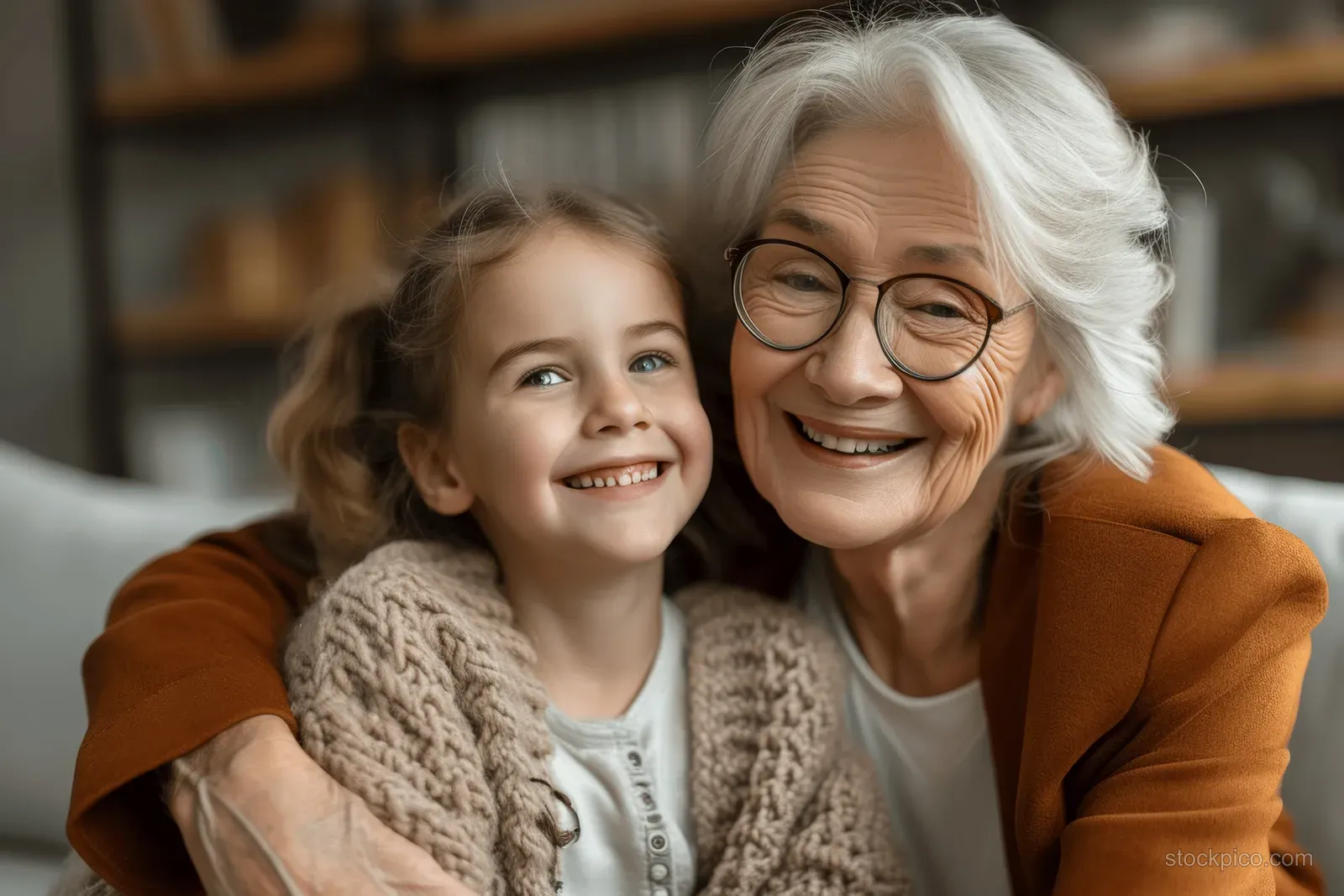 Grandmother and granddaughter cuddle on a sofa at home, smiling with warm affection and soft knit clothing.