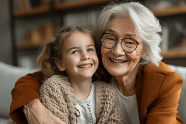 Abuela y nieta abrazadas en un sofá en casa, sonriendo con cálido afecto y suave ropa de punto.