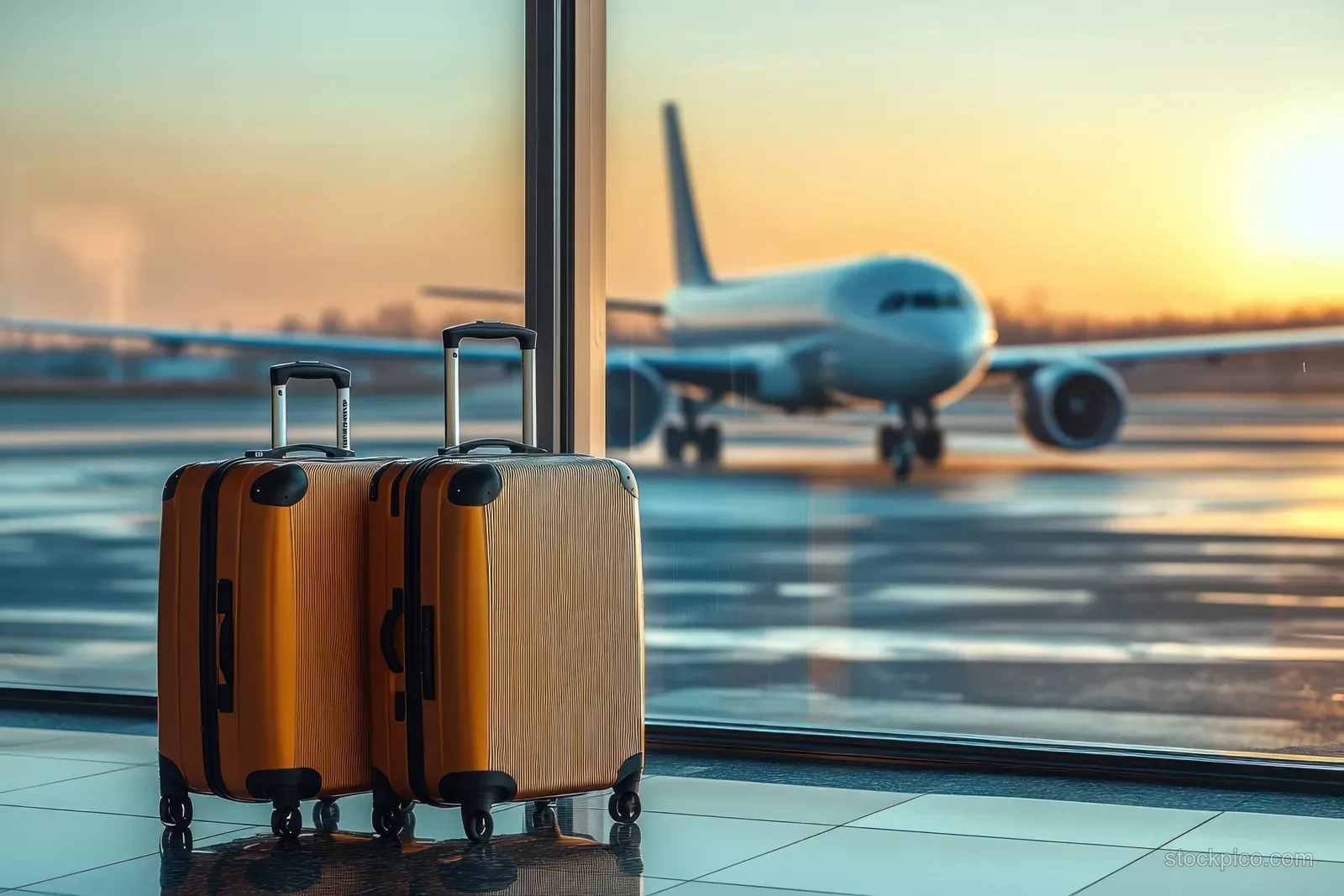 Airport Terminal Scene with Suitcases and Airplane at Sunset