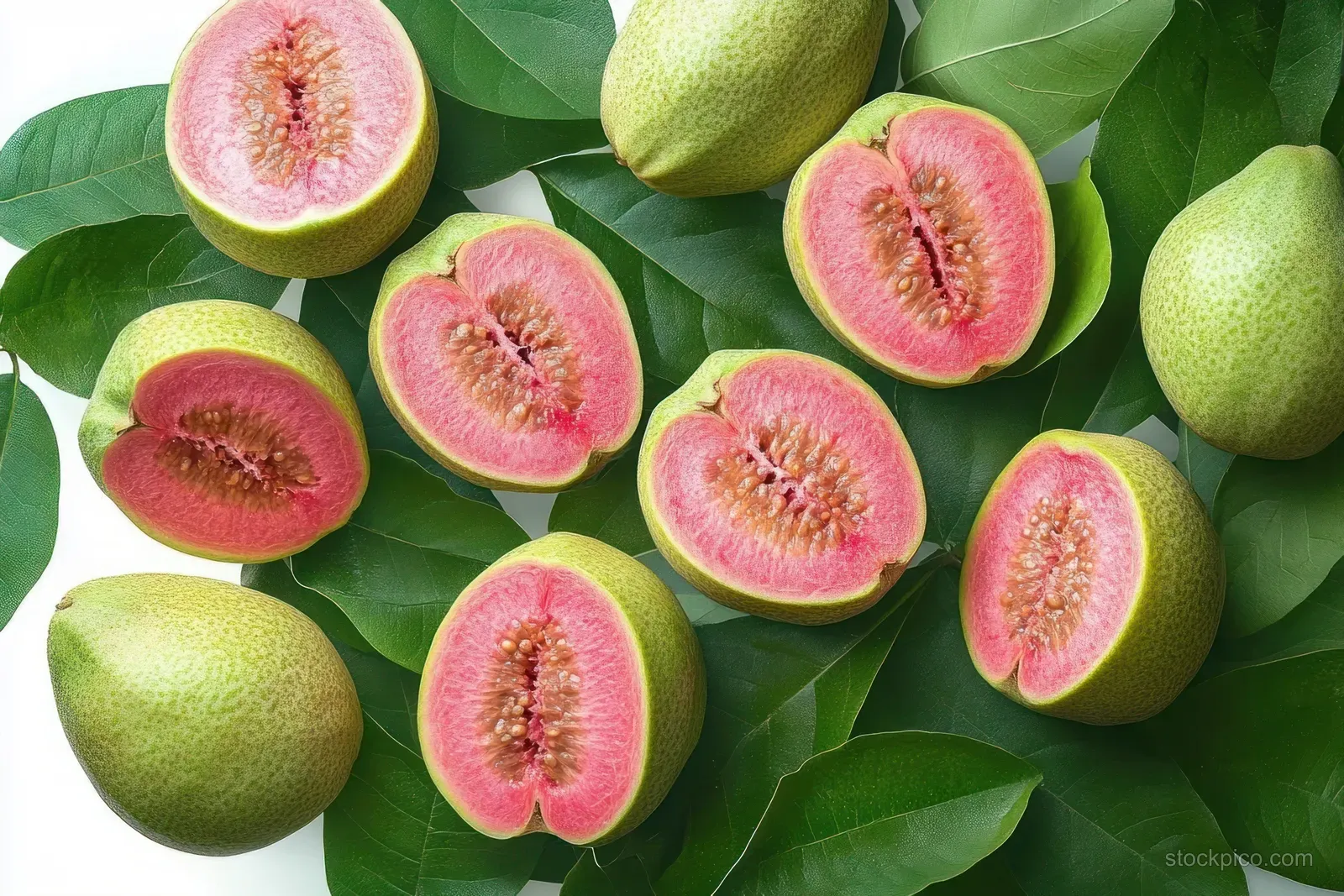 Whole and halved guavas with pink flesh and seeds arranged on green leaves against a white background.