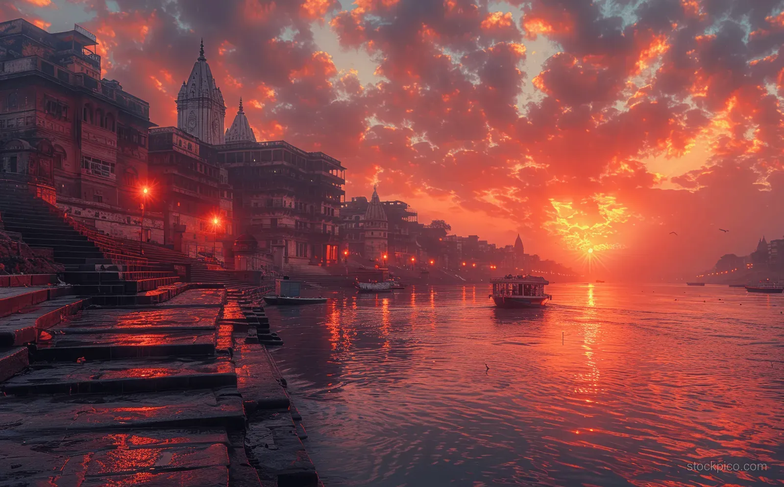 A boat floats on the Ganges at sunset next to Varanasi ghat steps and Hindu temple buildings.