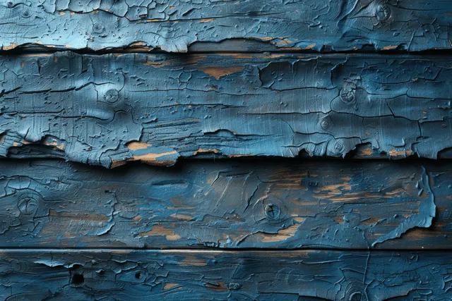 Close-up of a dark blue cracked wall with peeling paint and weathered concrete texture.