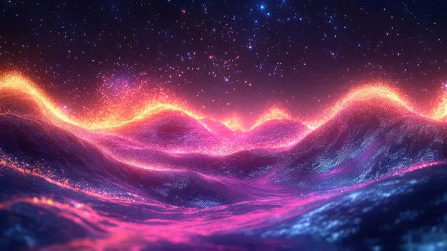 Glowing cosmic sound wave rising over purple starry space