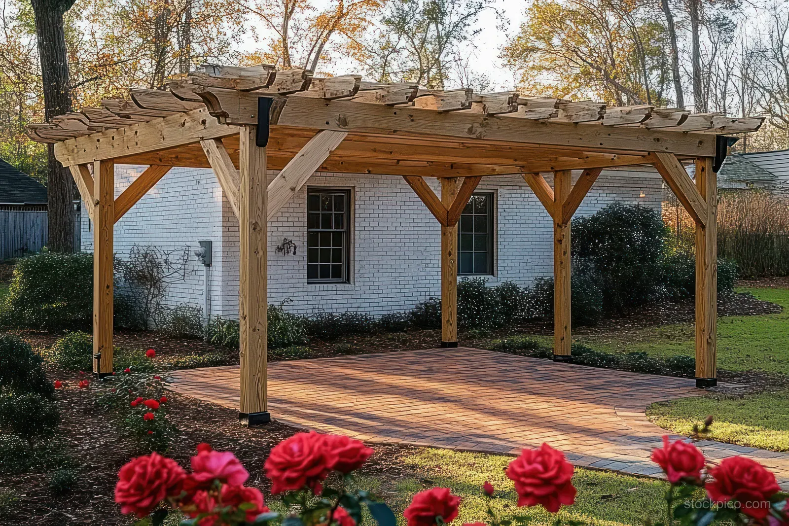 A wooden pergola shades a brick patio while red roses bloom in front of an autumn backyard and white house.